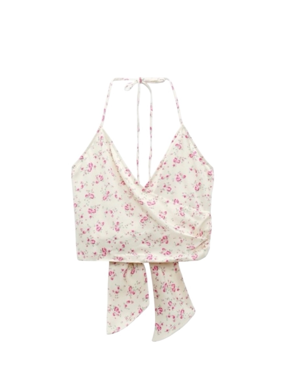 Zara Satin Cream Floral Tie-Back Wrap Crop Top with Pink Roses